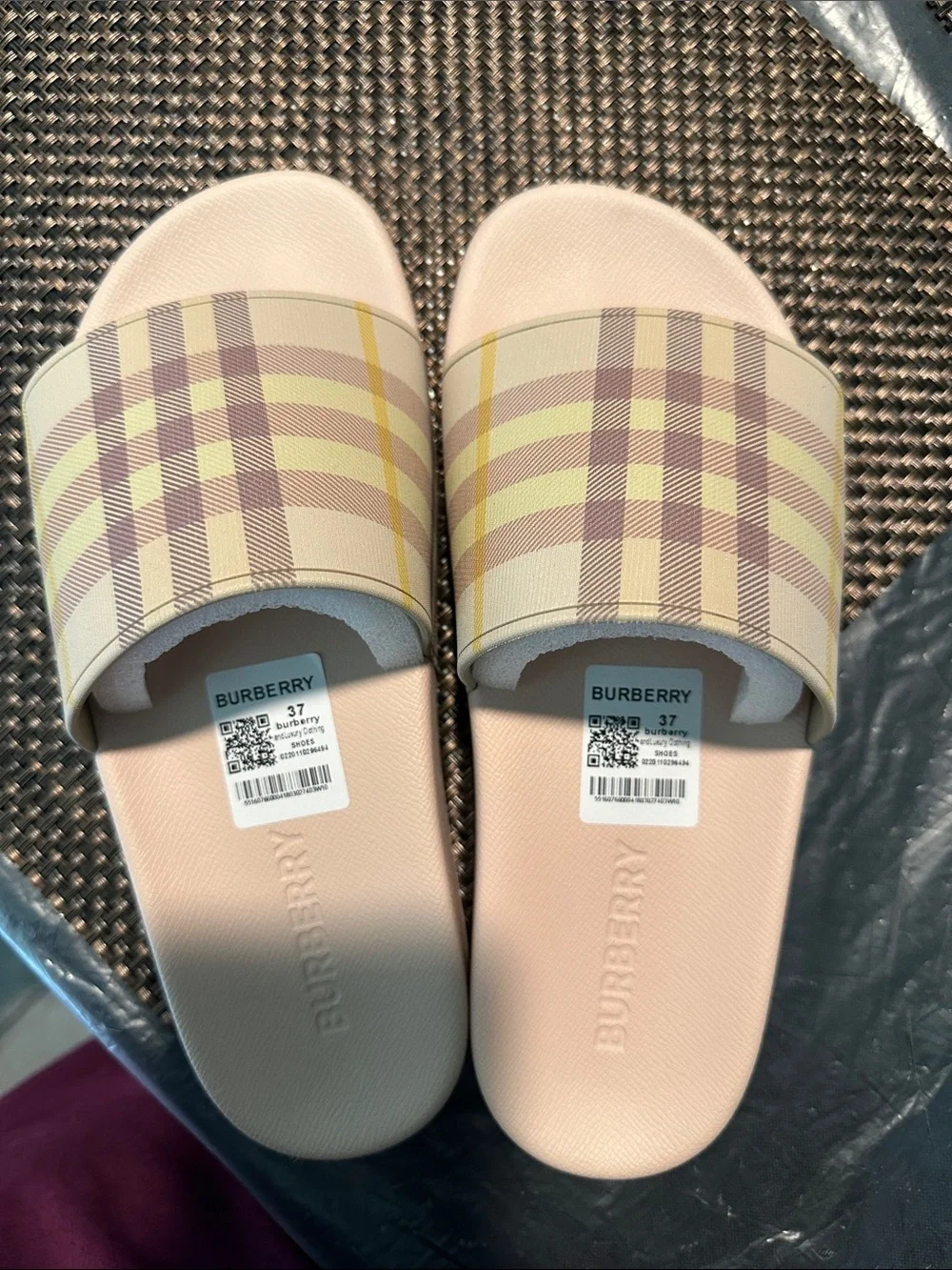 Burberry Pale Pink and Beige Check Slide Sandals